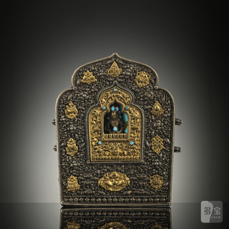 A copper gahu with partially gilded silver front with 'Buddhist emblems' and figure of Amitayus with turquoise inlays